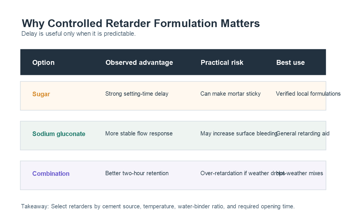 Comparison of sugar, sodium gluconate, and combined retarder formulation choices